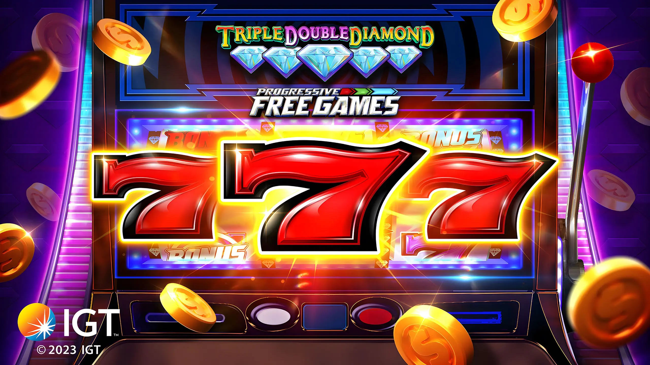 Three red seven symbols in a virtual social slot